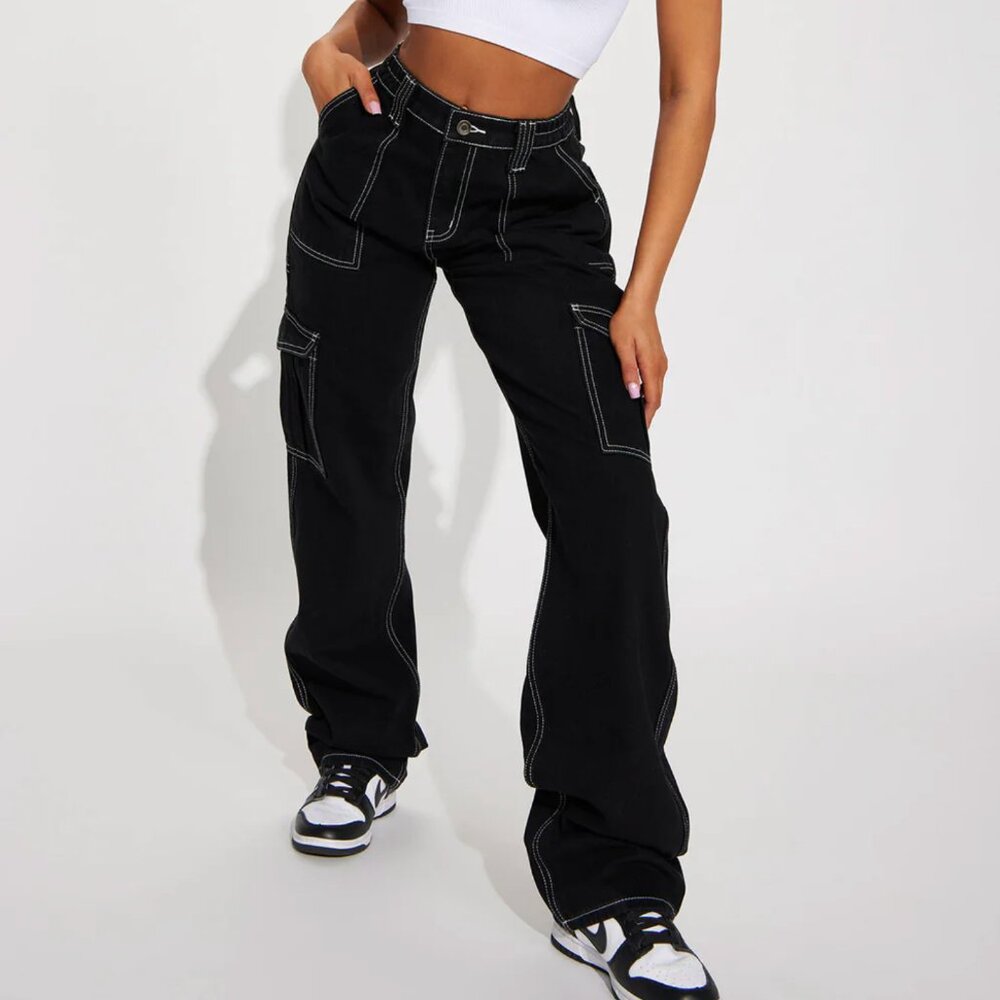 Fashion Nova - Give Me A Break Cargo Carpenter Jeans in Black Size 11 High Rise